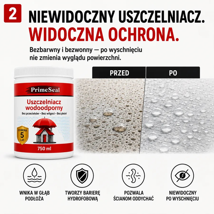 PrimeSeal 750 ml – Transparentny uszczelniacz wodoodporny przeciw przeciekom, wilgoci i pleśni | Do 5 lat ochrony
