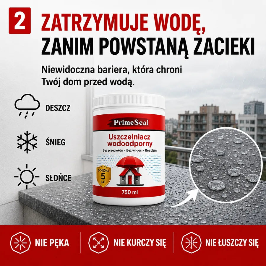 PrimeSeal 750 ml – Transparentny uszczelniacz wodoodporny przeciw przeciekom, wilgoci i pleśni | Do 5 lat ochrony